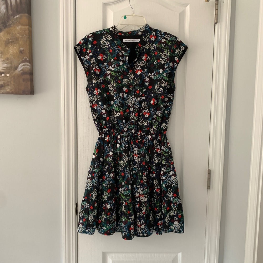 Rebecca‎ Minkoff Floral Mini Dress Black Multi Tiered Ruffle Sleeveless Size S